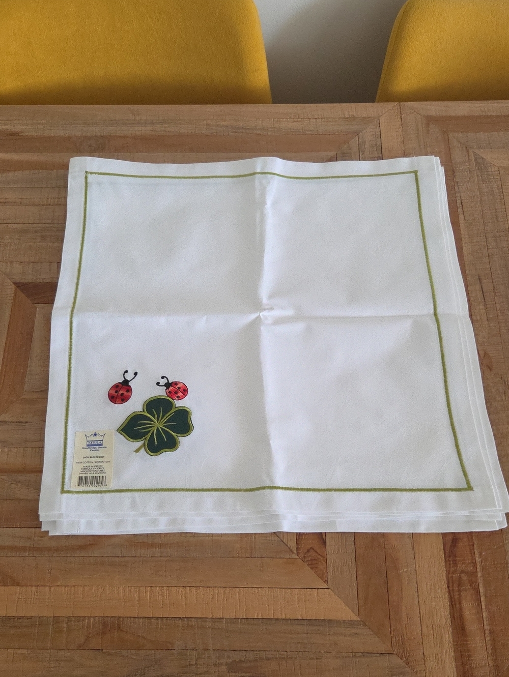 White Cotton Set Of 6 Cotton Napkins with Green Trim Ladybug Embroidery Greece